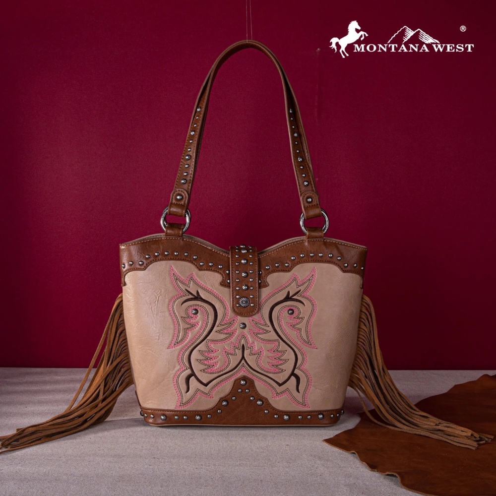 Montana West Embroidered Fringe Concealed Carry Boot Purse Tote Tan